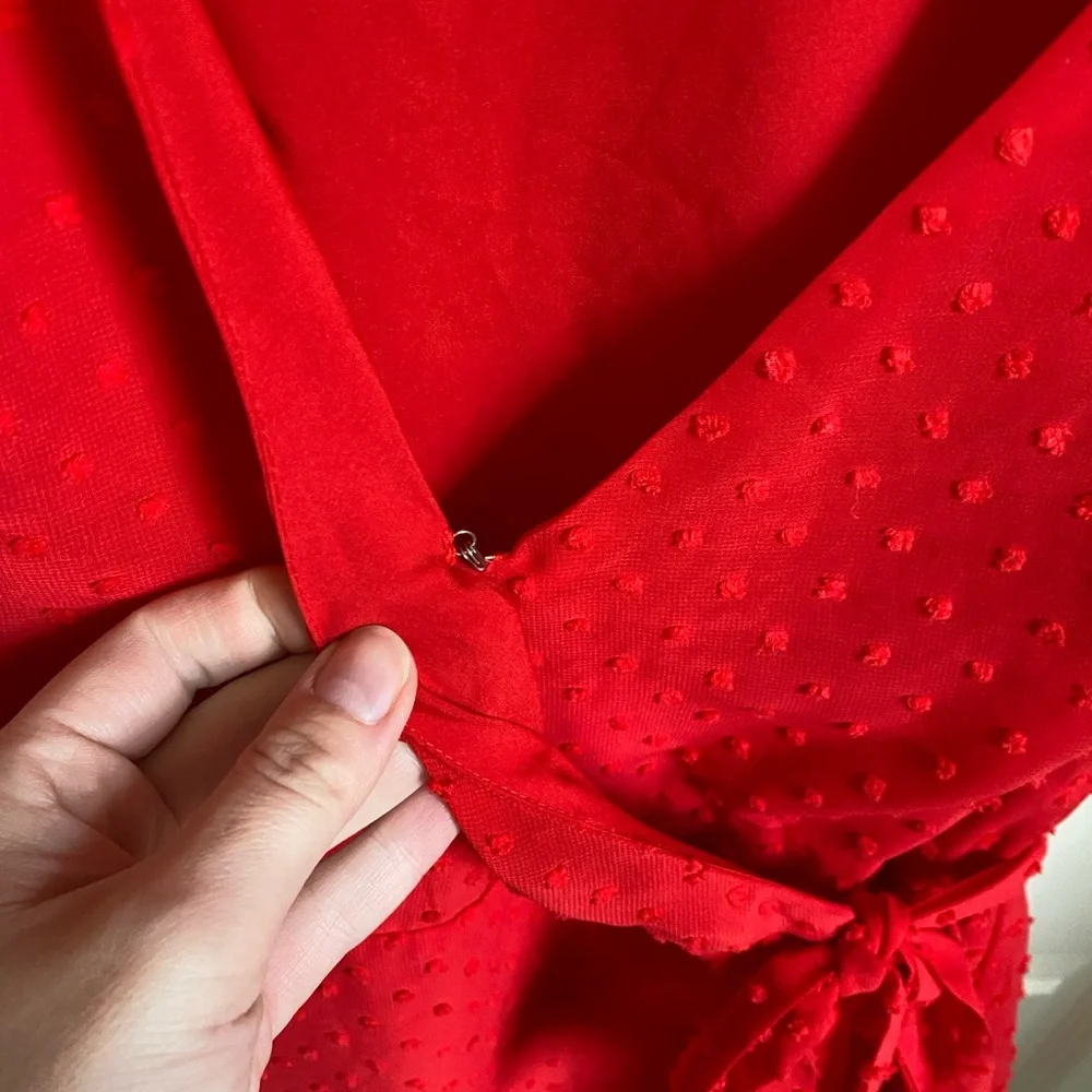NWOT Lulu’s Much to Celebrate Red Swiss Dot Flutter Sleeve Wrap Mini Dress - Picture 7 of 8
